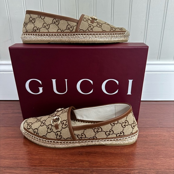 Gucci Shoes - Gucci Pilar Horsebit GG Logo Print Espadrilles Flats Camel Ebony EU39.5 US 9.5